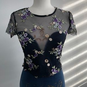 Sheer Black Top with Floral Embroidery🤍